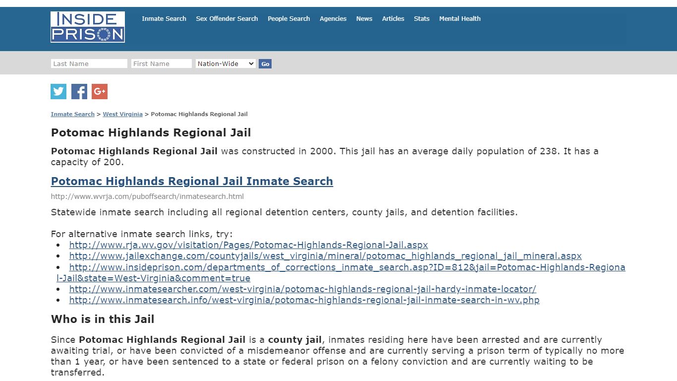 Potomac Highlands Regional Jail - West Virginia - Inmate Search